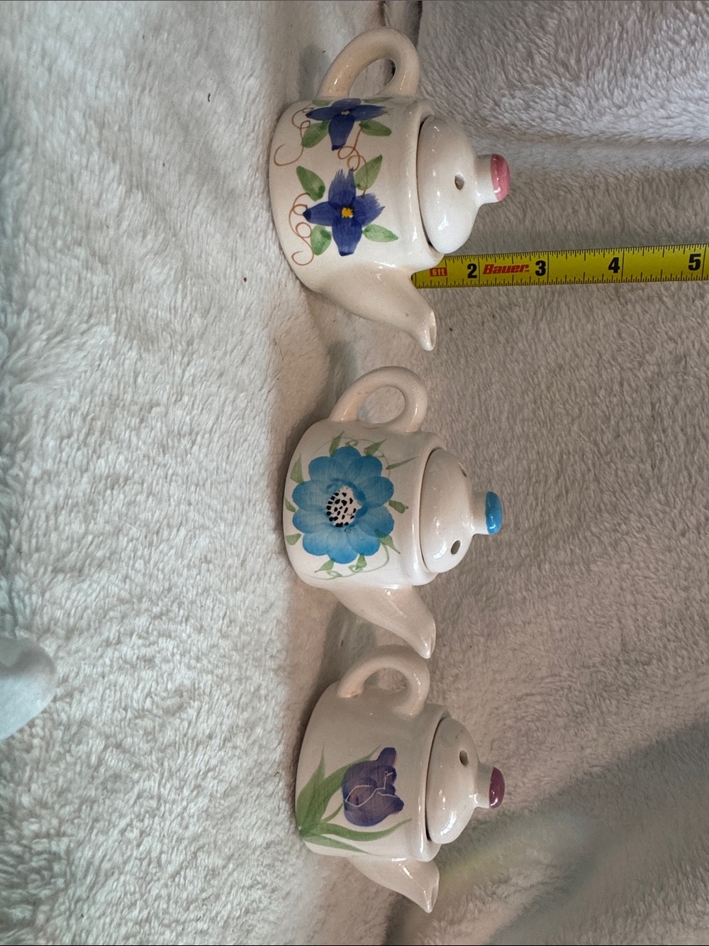 Bauer White Ceramic Mini Teapot Trio with Blue and Purple Floral Accents